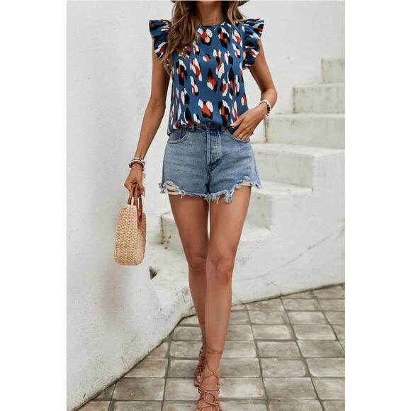 Clasi Blue Printed Blouse Women’s Large – Ruffle Trim Sleeve Top • EUC - Picture 1 of 9